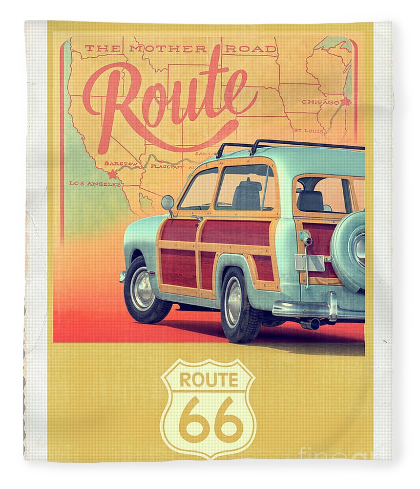 Route 66 Vintage Postcard Fleece Blanket featuring the digital art Route 66 Vintage Postcard by Edward Fielding