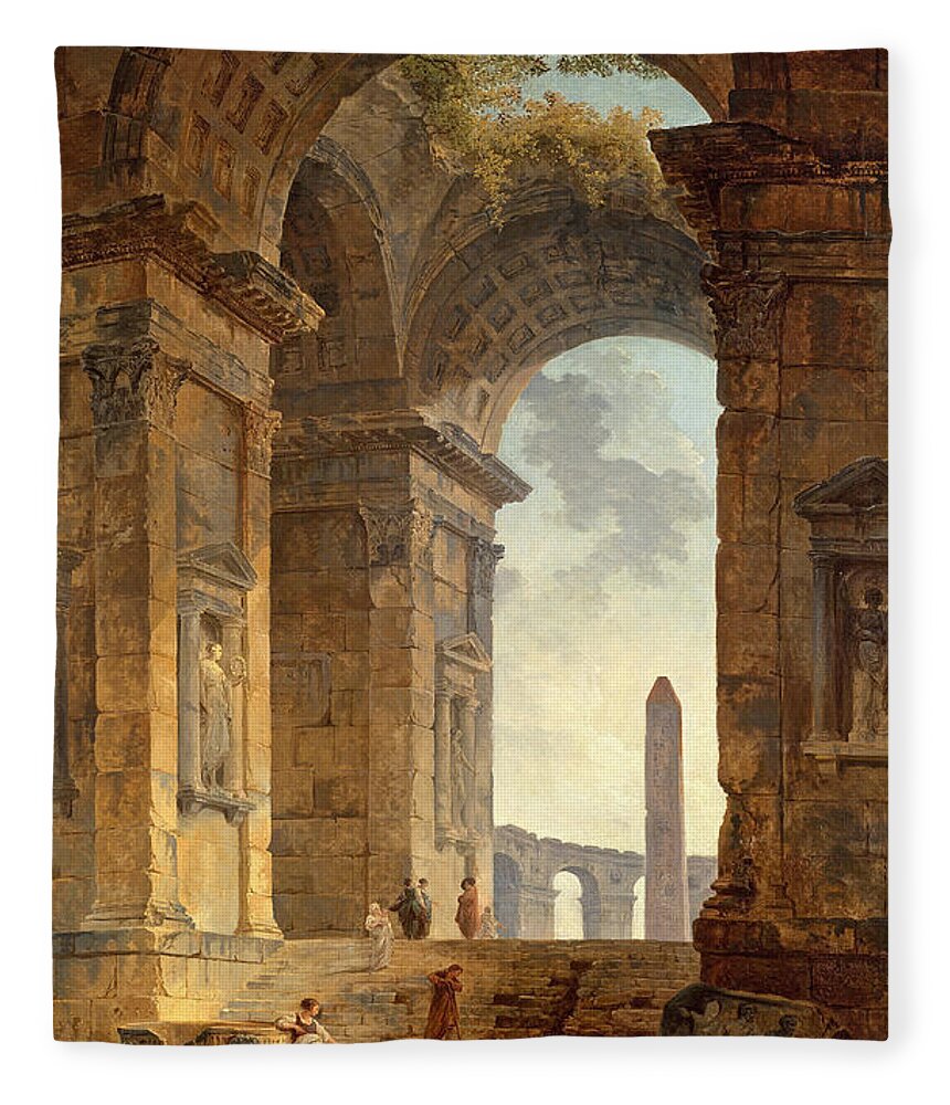 Hubert Robert Fleece Blanket featuring the painting Ruins with an Obelisk in the Distance  by Hubert Robert
