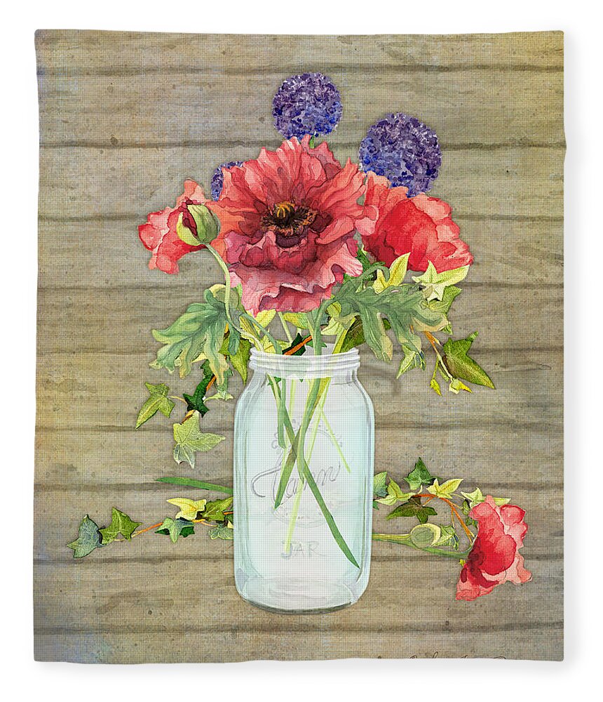 Watercolor Fleece Blanket featuring the painting Rustic Country Red Poppy w Alium n Ivy in a Mason Jar Bouquet on Wooden Fence by Audrey Jeanne Roberts