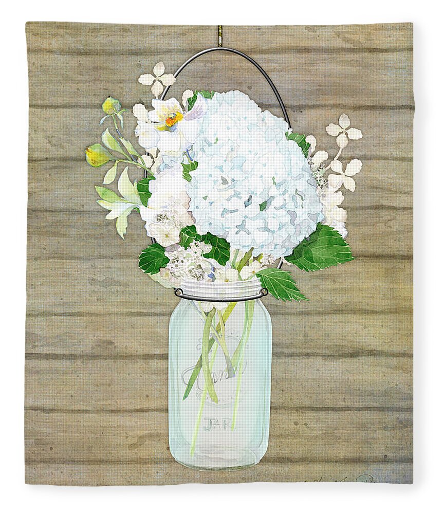 White Hydrangea Fleece Blanket featuring the painting Rustic Country White Hydrangea n Matillija Poppy Mason Jar Bouquet on Wooden Fence by Audrey Jeanne Roberts