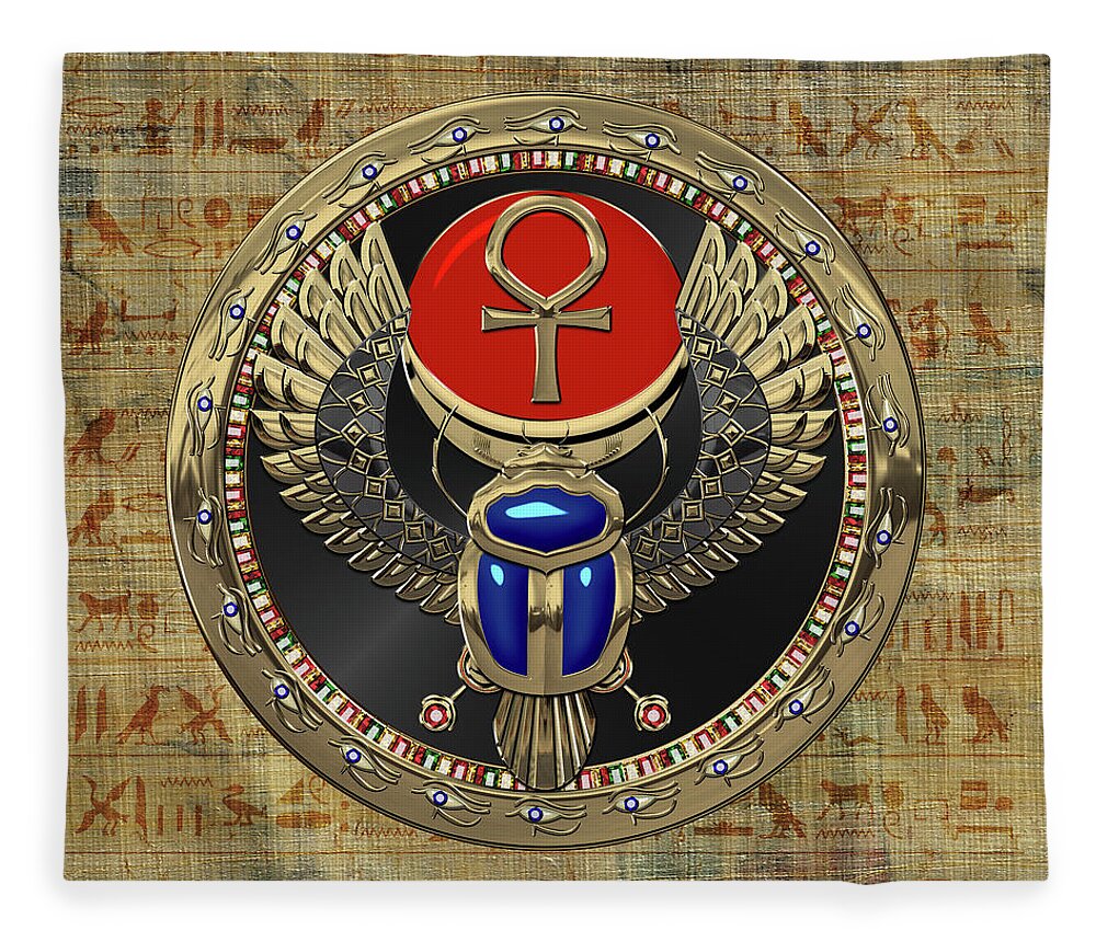 ‘treasures Of Egypt’ Collection By Serge Averbukh Fleece Blanket featuring the digital art Sacred Egyptian Winged Scarab with Ankh in Gold and Gems over Papyrus Covered with Hieroglyphics by Serge Averbukh