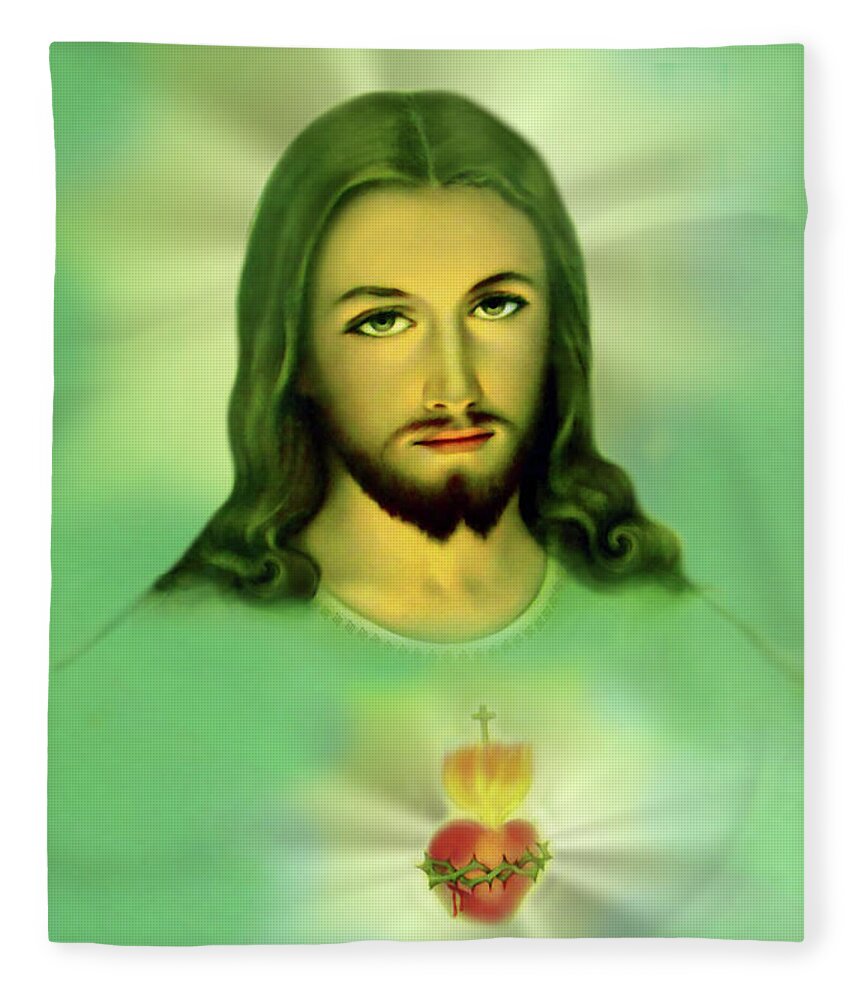 Jesus Fleece Blanket featuring the mixed media Sacred Heart of Jesus St Faustina St Margaret Mary by Hw
