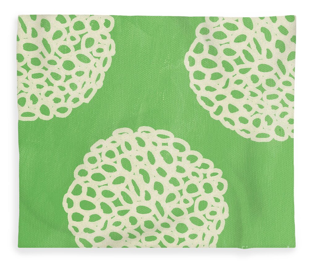 Sagegreen White Doodle Painting Abstract Ball Poof pottery Barn Style crate And Barrel Style west Elm Style ikea Style Pattern Dandelion Fleece Blanket featuring the painting Sage Garden Bloom by Linda Woods