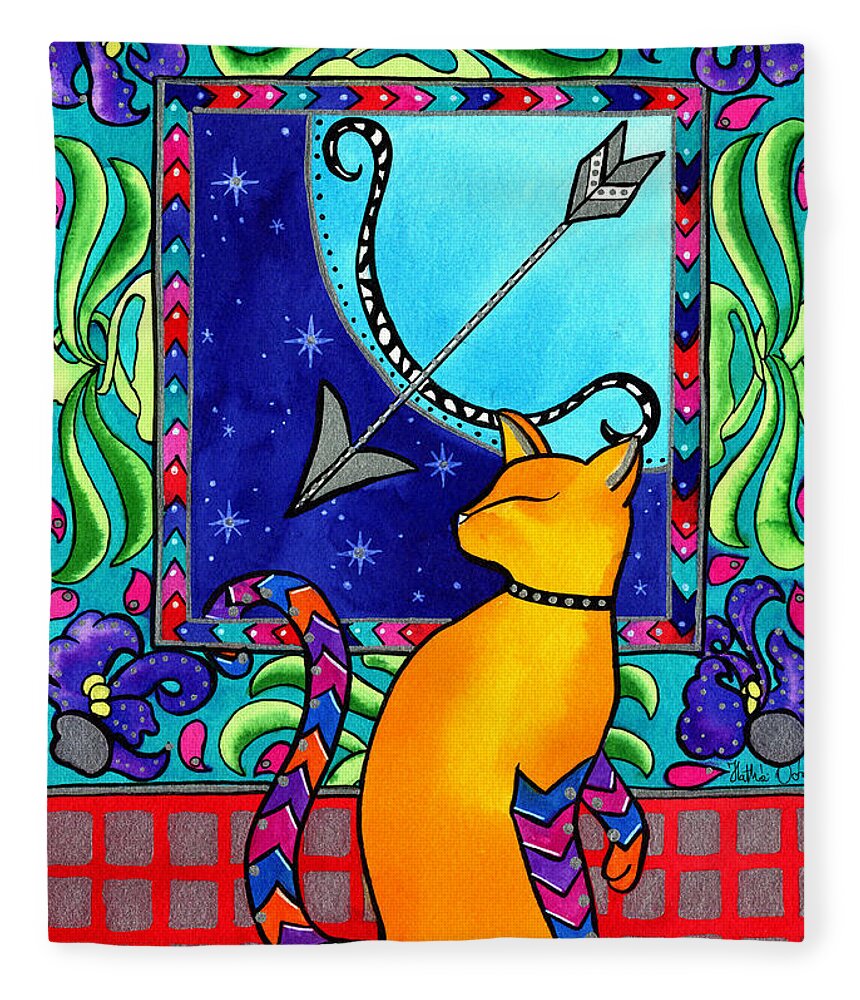 Cat Fleece Blanket featuring the painting Sagittarius Cat Zodiac by Dora Hathazi Mendes