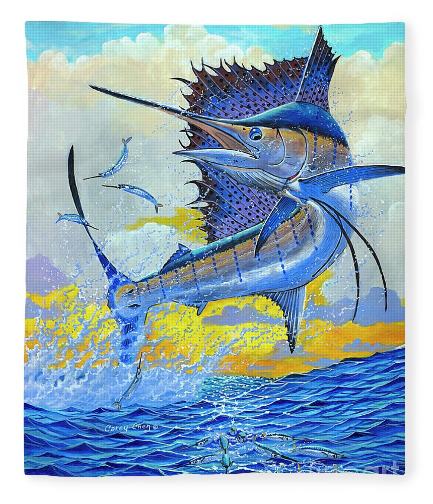 Sailfish Fleece Blanket featuring the painting Sailfish Sunset OFF00160 by Carey Chen