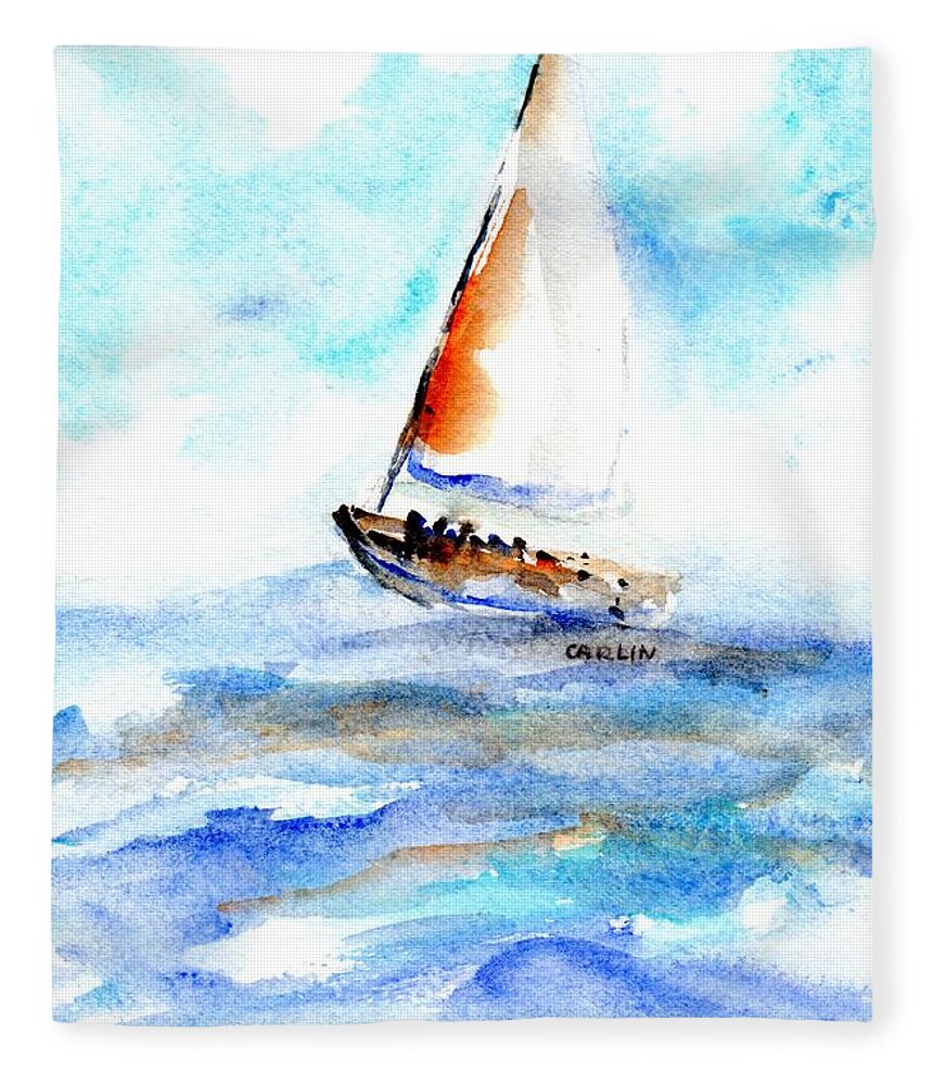 Sailboat Fleece Blanket featuring the painting Sailing Out Sailboat Watercolor by Carlin Blahnik CarlinArtWatercolor