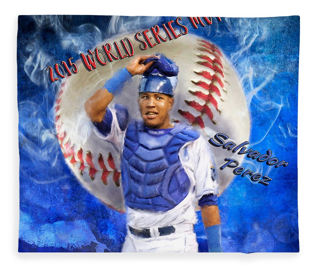 Salvie Fleece Blanket featuring the painting Salvador Perez 2015 World Series MVP by Colleen Taylor