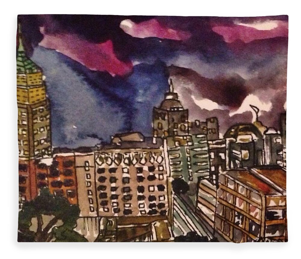 Aceo Fleece Blanket featuring the painting San Antonio at Night by Angela Weddle