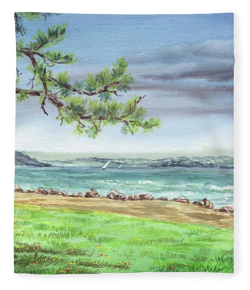 Boats Fleece Blanket featuring the painting San Francisco Bay Shore Watercolour Landscape by Irina Sztukowski