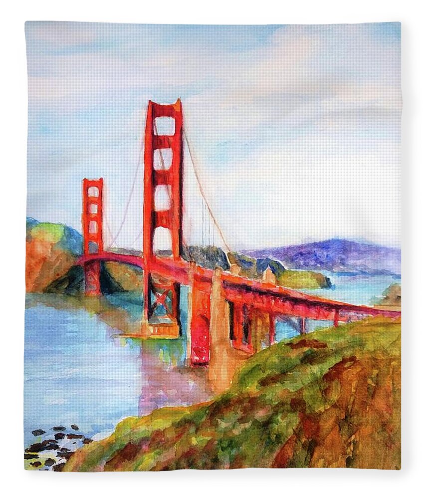 Golden Gate Bridge Fleece Blanket featuring the painting San Francisco Golden Gate Bridge Impressionism by Carlin Blahnik CarlinArtWatercolor
