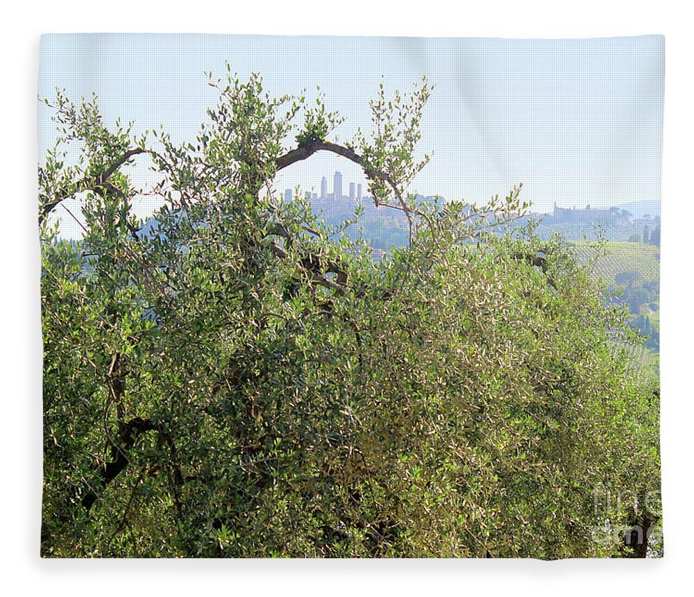 Olive Fleece Blanket featuring the photograph San Gimignano in Italy encircled by an olive branch by Adam Long