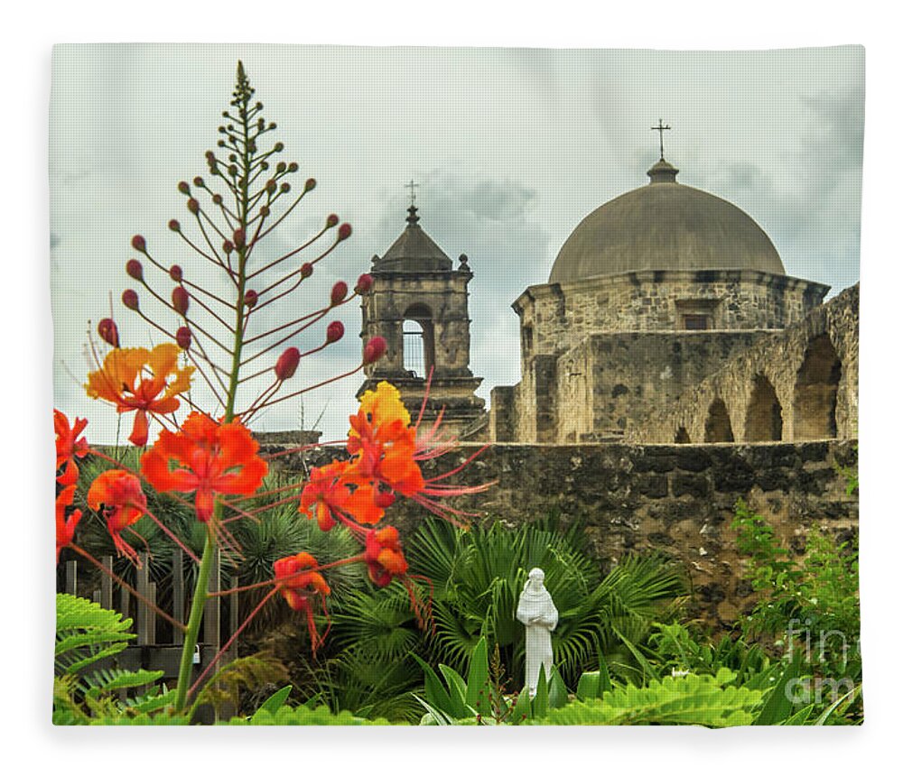 San Antonio Fleece Blanket featuring the photograph Mission San Jose with Pride of Barbados by Michael Tidwell