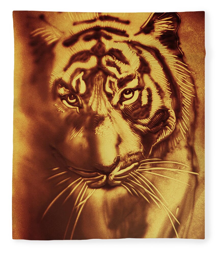 Tiger Fleece Blanket featuring the drawing Sandy Tiger. Golden by Elena Vedernikova