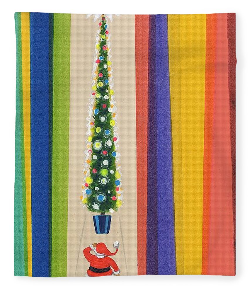 Father Christmas; Santa Claus; Decorations; Decorated; Tall; Star; Baubles; Colourful; Stripes; Seasonal; Naive Fleece Blanket featuring the painting Santa's Christmas Tree by Stanley Cooke