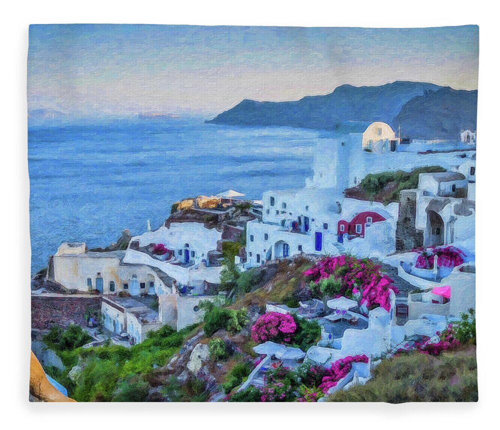 Landscape Fleece Blanket featuring the painting Santorini Greece DWP416136 by Dean Wittle