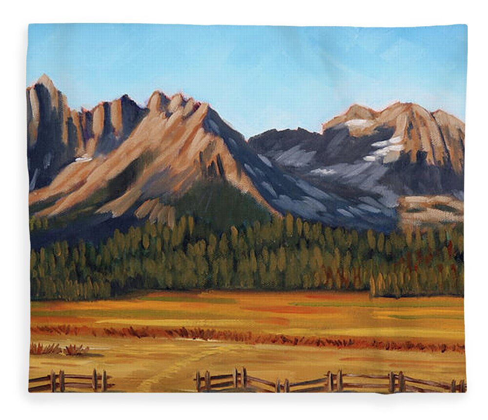 Sawtooth Mountains Fleece Blanket featuring the painting Sawtooth Mountains - Iron Creek by Kevin Hughes