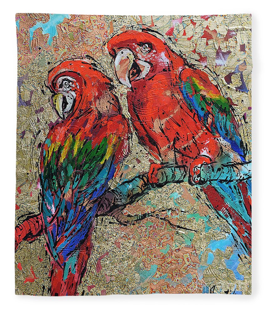 Parrots Fleece Blanket featuring the painting Scarlet Macaws by Jyotika Shroff