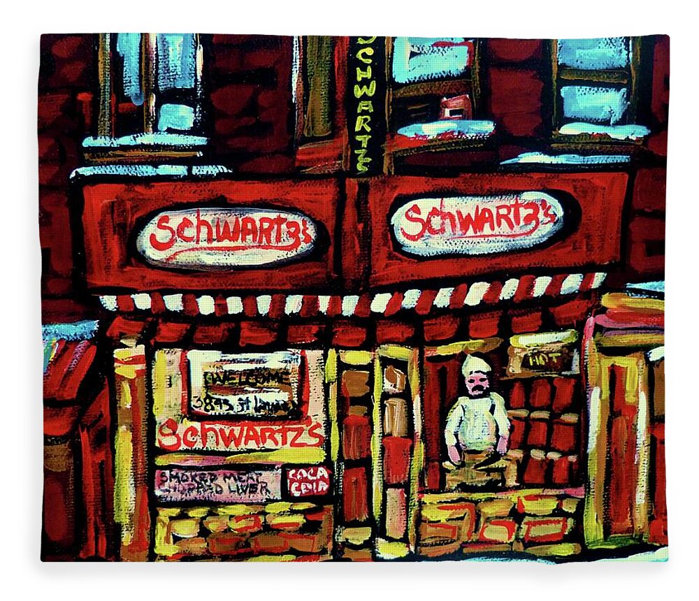 Montreal Fleece Blanket featuring the painting Schwartzs Deli Window Montreal At Night by Carole Spandau