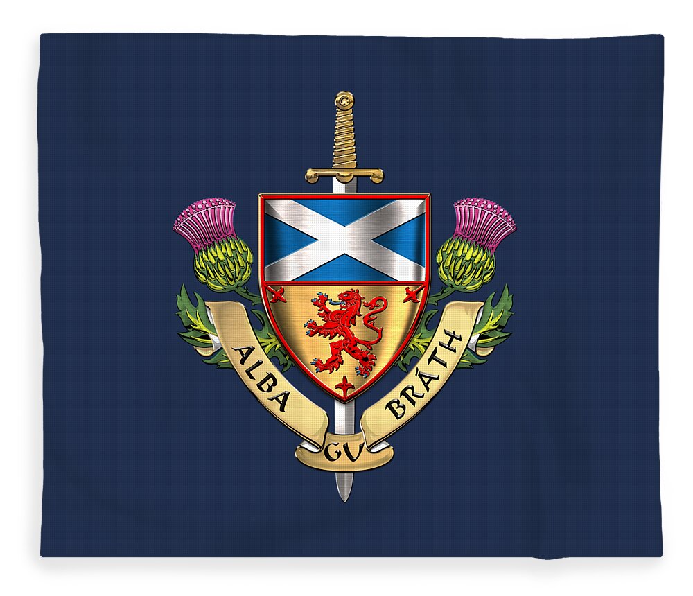 “world Heraldry” Collection Serge Averbukh Fleece Blanket featuring the digital art Scotland Forever - Alba Gu Brath - Symbols of Scotland over Blue Velvet by Serge Averbukh