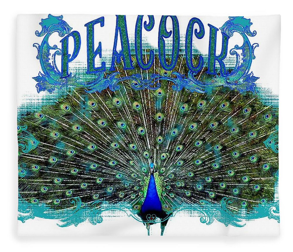 Peacock Fleece Blanket featuring the painting Scroll Swirl Art Deco Nouveau Peacock w Tail Feathers Spread by Audrey Jeanne Roberts