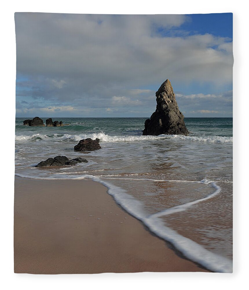 Durness Fleece Blanket featuring the photograph Sea Foam on Sango Bay by Maria Gaellman