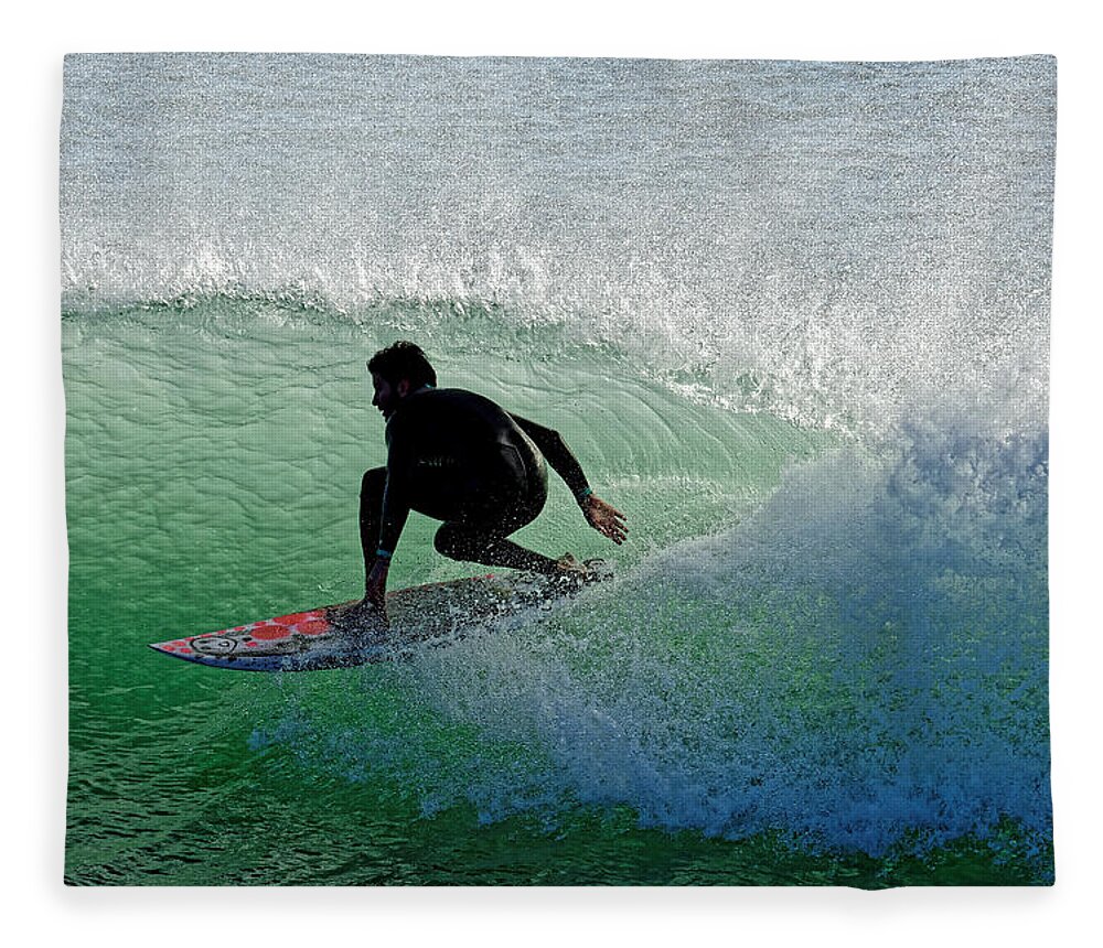 Sea Of Despair Fleece Blanket featuring the photograph Sea of Despair -- Surfer on a Wave in Cayucos, California by Darin Volpe