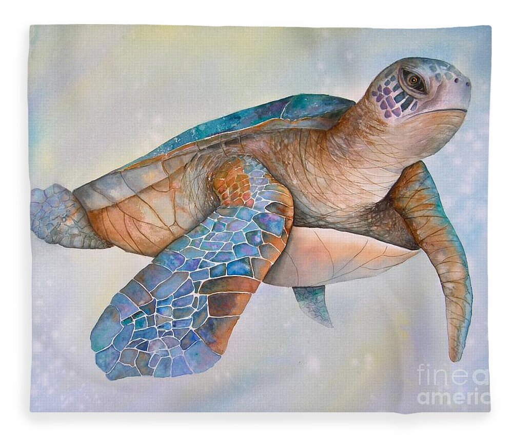 Sea Turtle Fleece Blanket featuring the painting Sea Turtle- Twilight Swim by Midge Pippel