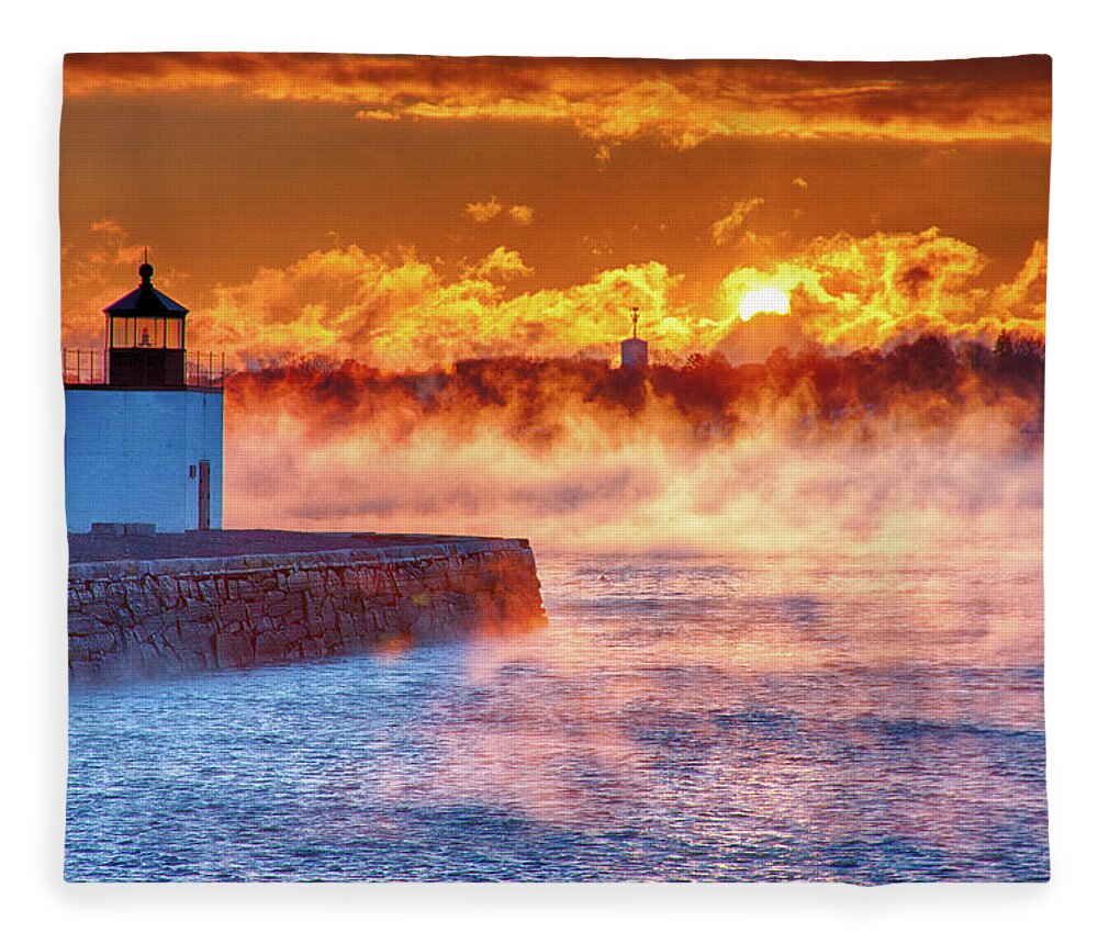 Derby Wharf Salem Fleece Blanket featuring the photograph Seasmoke at Salem Lighthouse by Jeff Folger