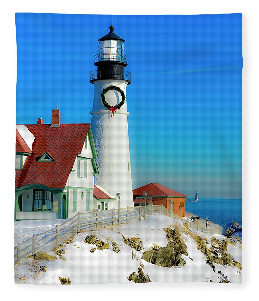 Lighthouse Fleece Blanket featuring the photograph Seasons Greetings from Portland Head Light by Jeff Cooper