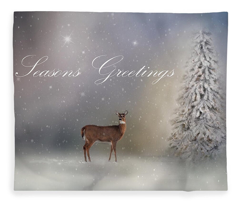 Seasons Greetings Fleece Blanket featuring the photograph Seasons Greetings With Deer by Ann Bridges