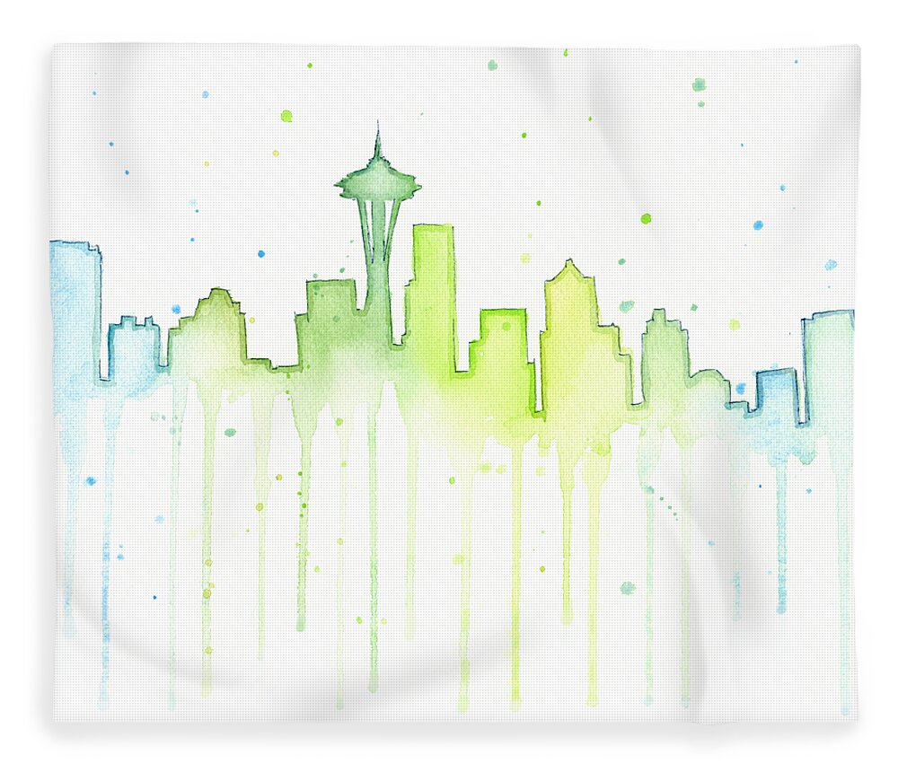 Seattle Fleece Blanket featuring the painting Seattle Skyline Watercolor by Olga Shvartsur