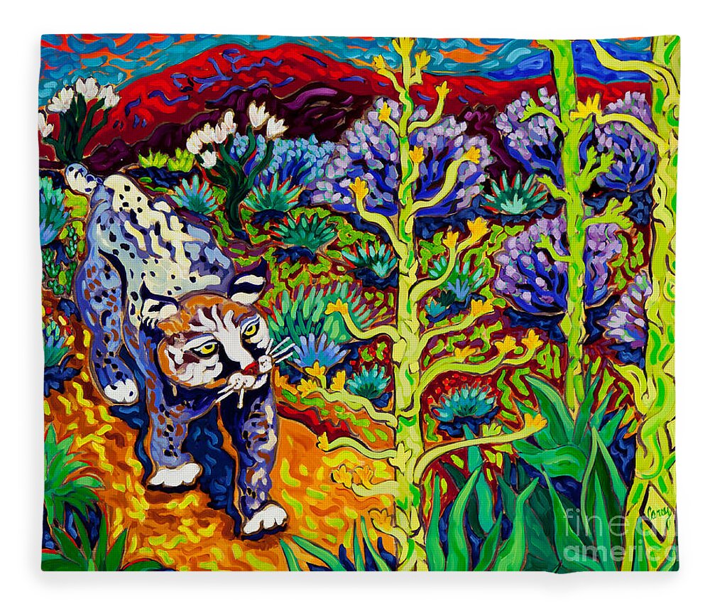 Bobcat Fleece Blanket featuring the painting Secret Language by Cathy Carey