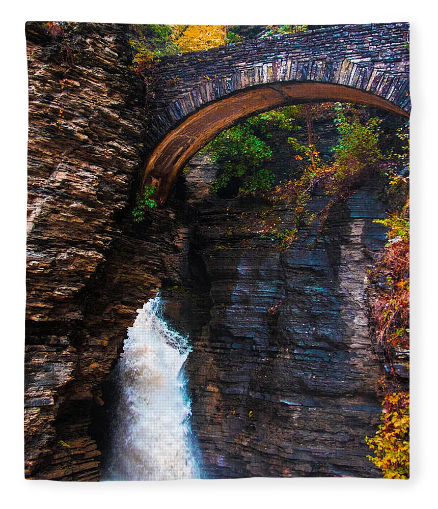 Water Fall Fleece Blanket featuring the photograph Sentry Bridge of Watkins Glen #1 by Mindy Musick King