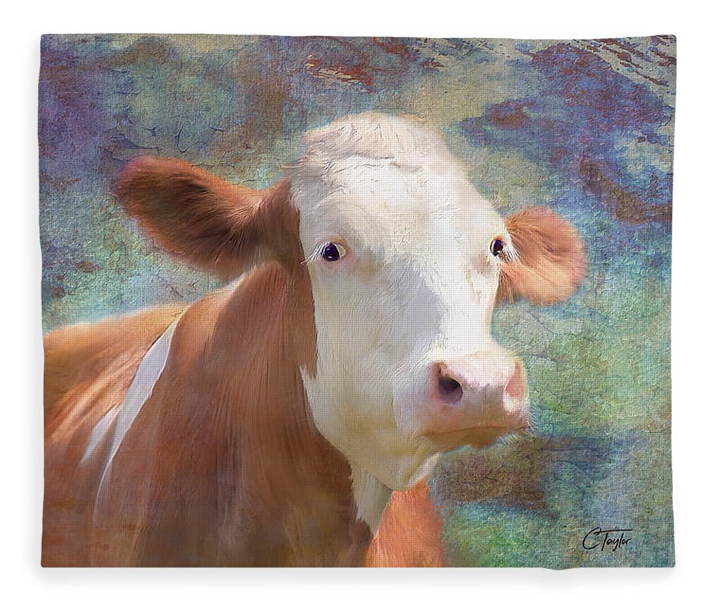 Cows Fleece Blanket featuring the mixed media Serious Business by Colleen Taylor