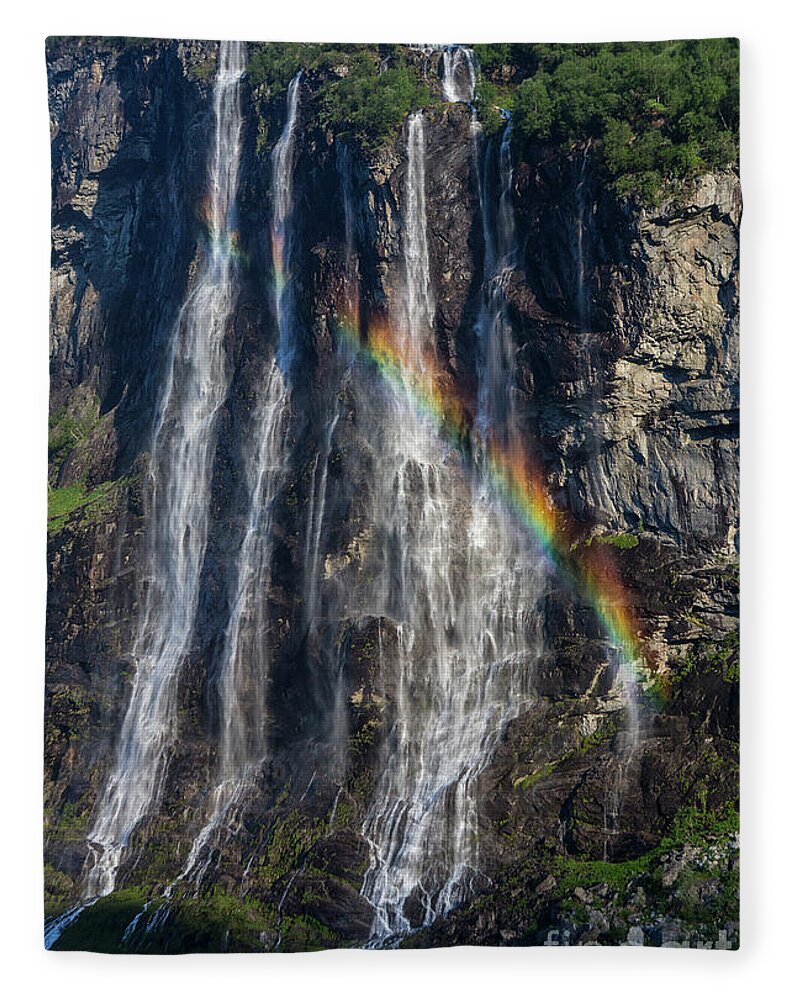 Seven Sisters Falls Fleece Blanket featuring the photograph Seven sisters falls, Geiranger, Norway with rainbow by Sheila Smart Fine Art Photography