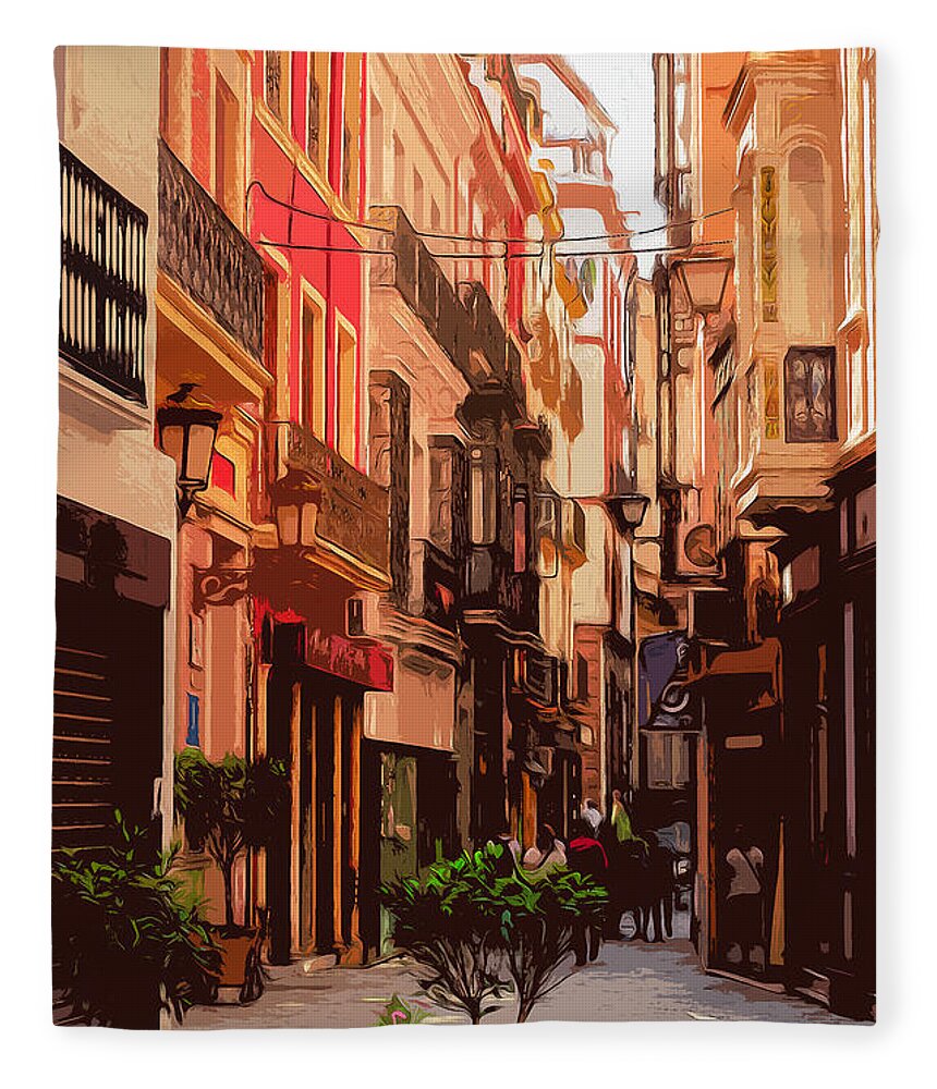 Sevilla Fleece Blanket featuring the painting Seville, the colorful streets of Spain - 02 by AM FineArtPrints
