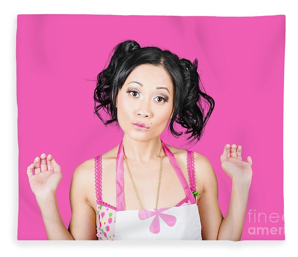 Girl Fleece Blanket featuring the photograph Cute Asian pinup woman with surprised expression by Jorgo Photography