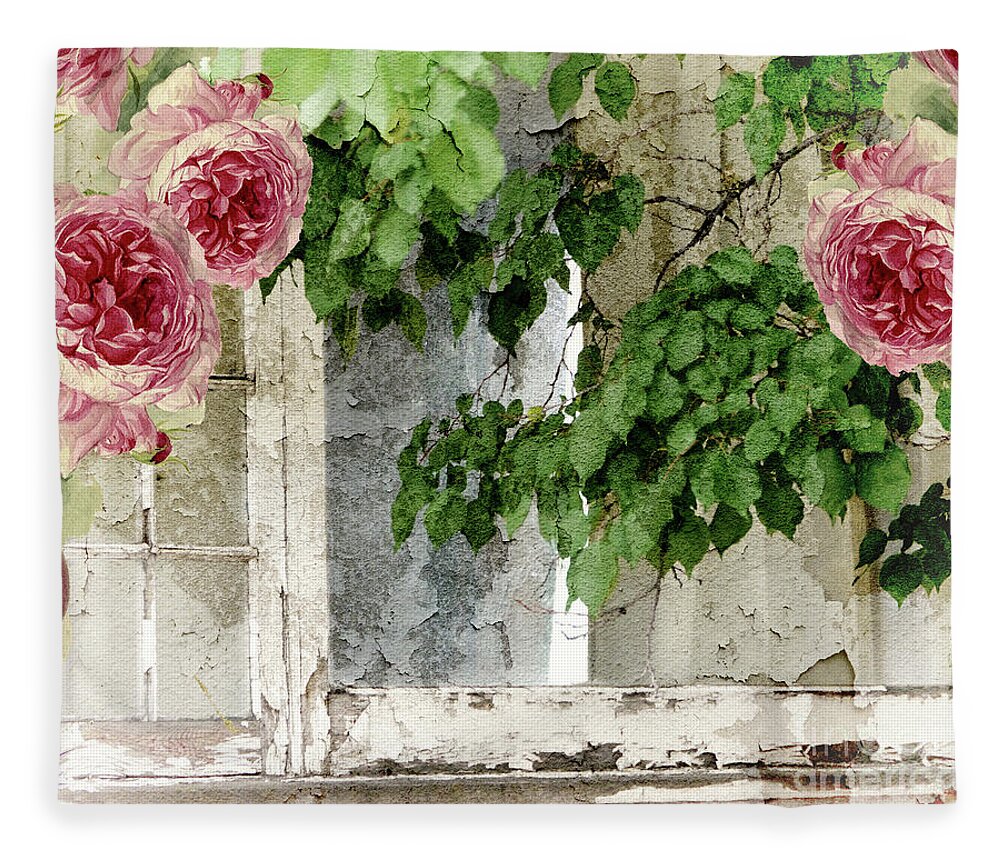 Shabby Cottage Fleece Blanket featuring the painting Shabby Cottage Window by Mindy Sommers