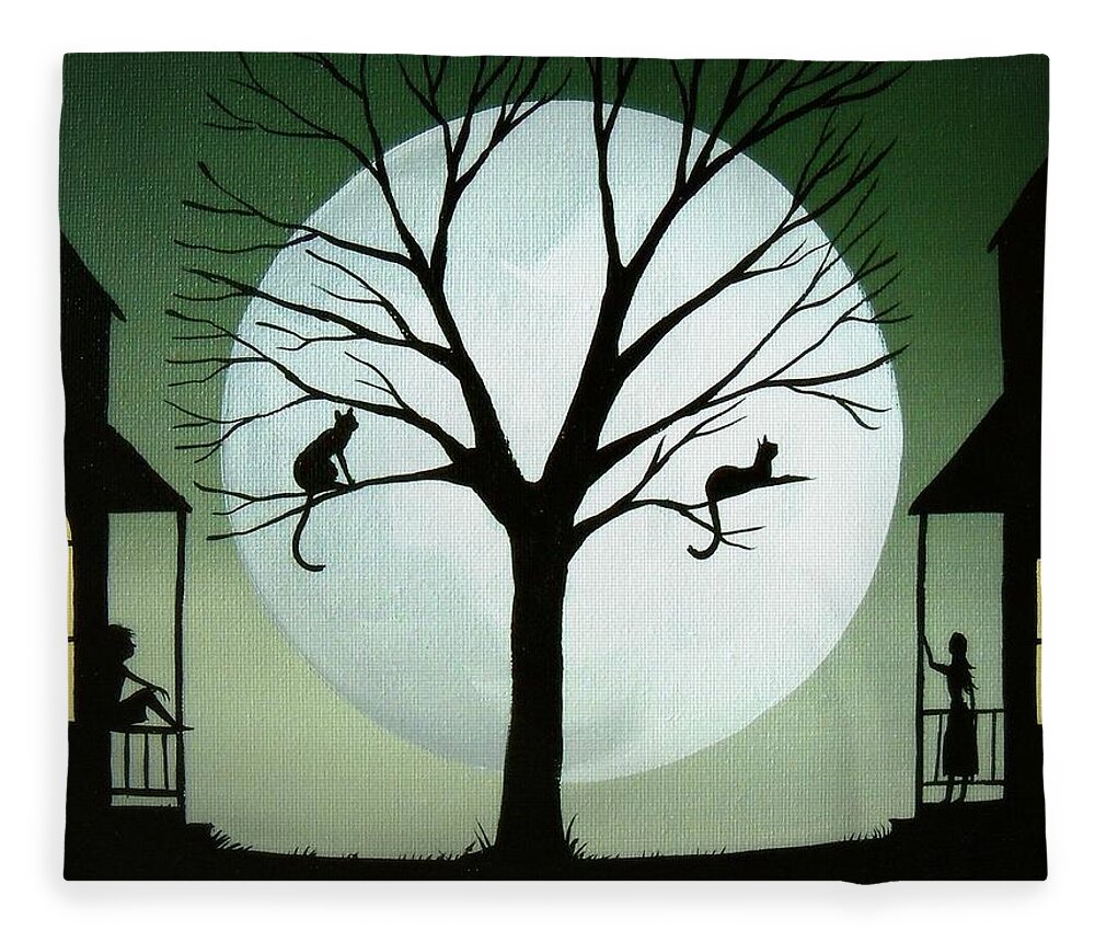Folk Art Fleece Blanket featuring the painting Sharing The Moon - cat silhouette art by Debbie Criswell