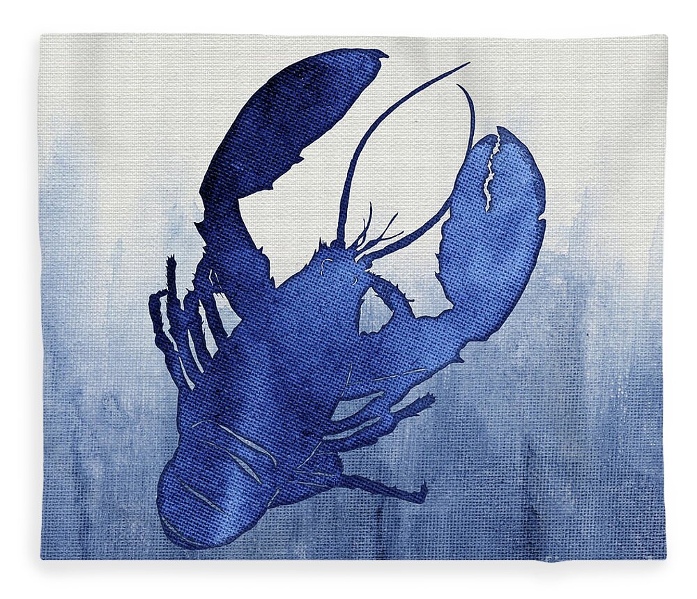 Lobster Fleece Blanket featuring the painting Shibori Blue 3 - Lobster over Indigo Ombre Wash by Audrey Jeanne Roberts