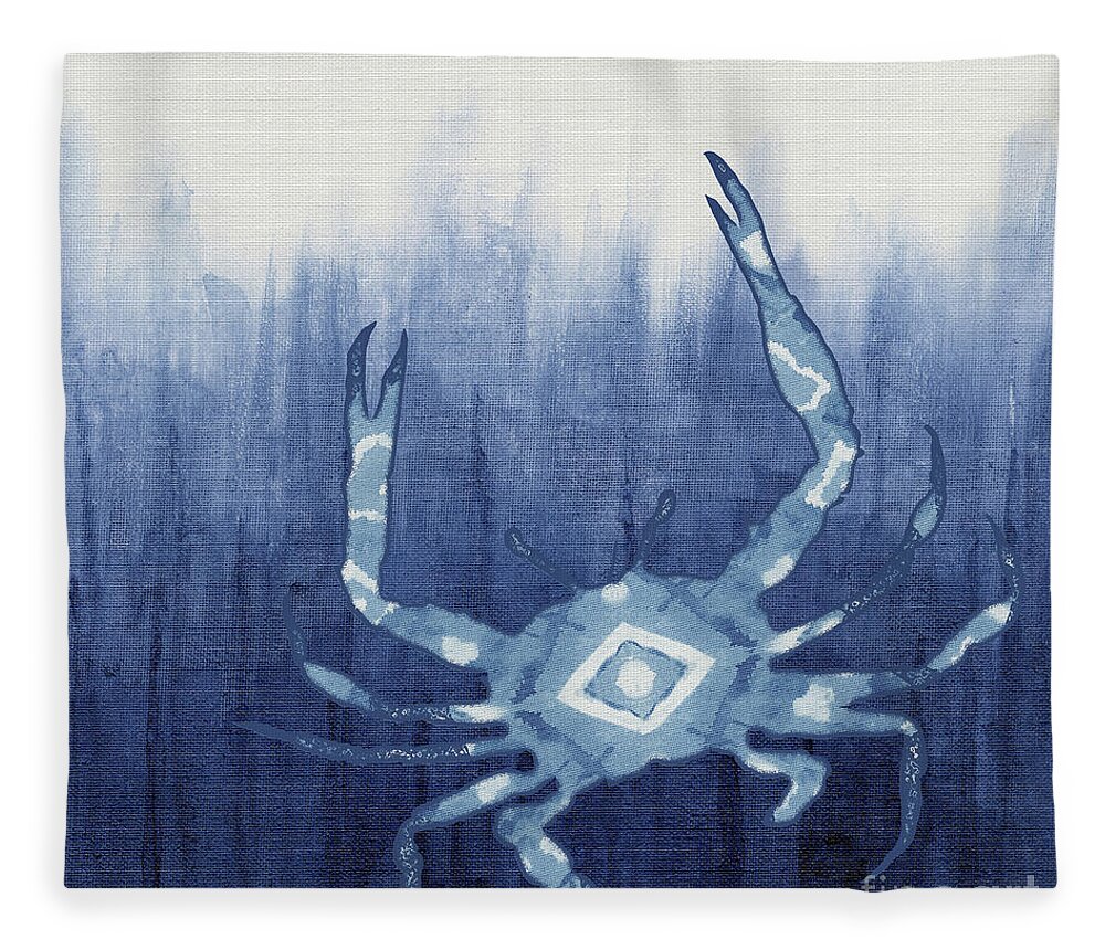 Blue Crab Fleece Blanket featuring the painting Shibori Blue 4 - Patterned Blue Crab over Indigo Ombre Wash by Audrey Jeanne Roberts