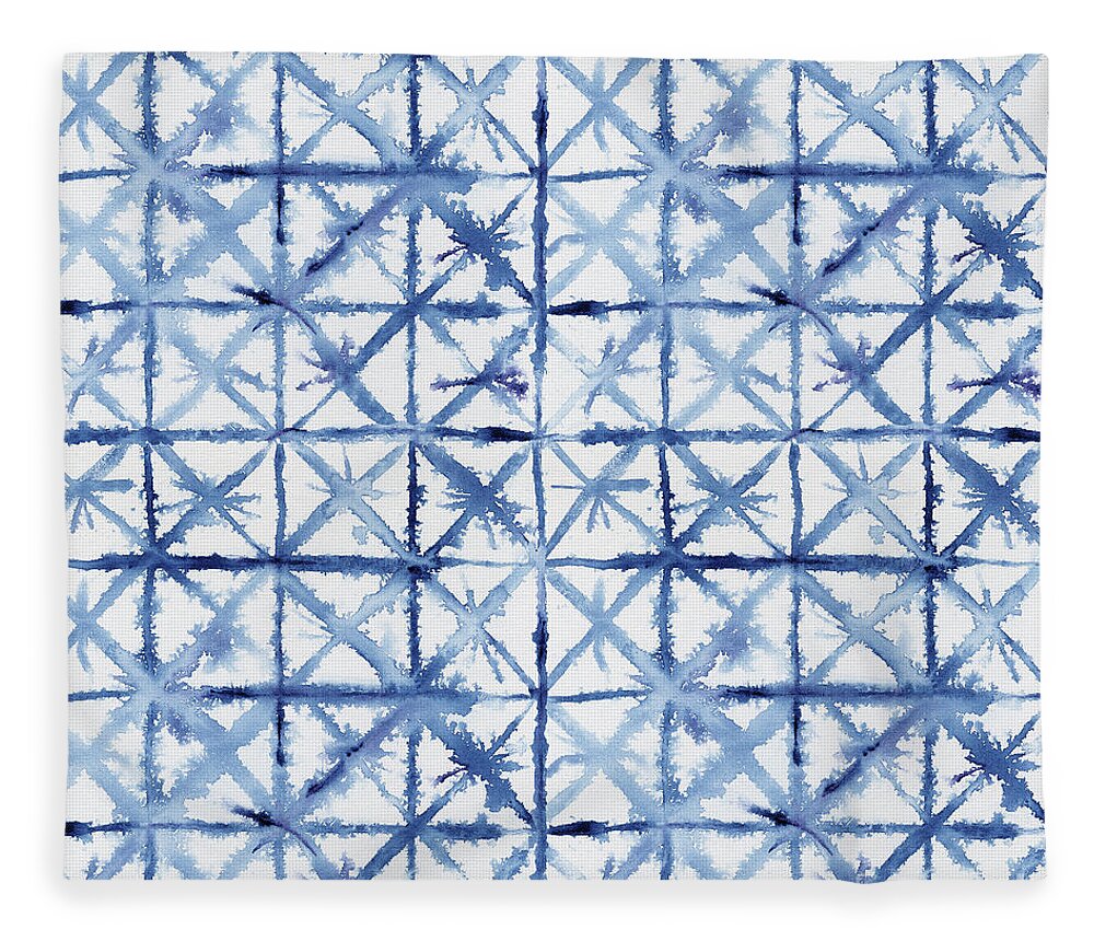 Shibori Fleece Blanket featuring the painting Shibori Kubo Watecolor X Pattern Line Work Indigo Blue by Audrey Jeanne Roberts
