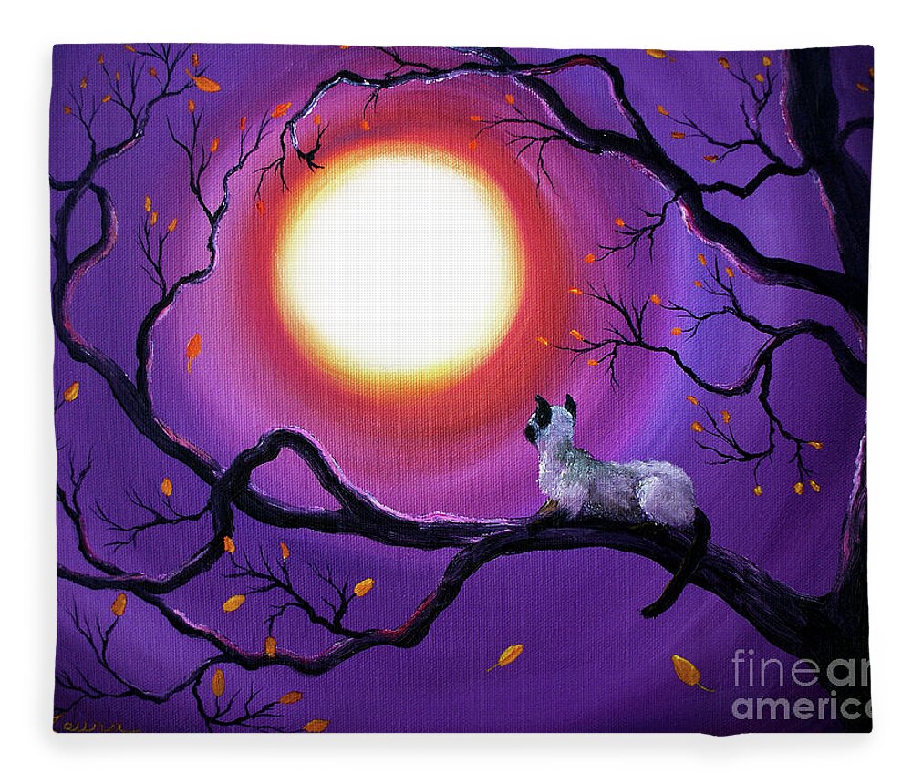 Painting Fleece Blanket featuring the painting Siamese Cat in Purple Moonlight by Laura Iverson