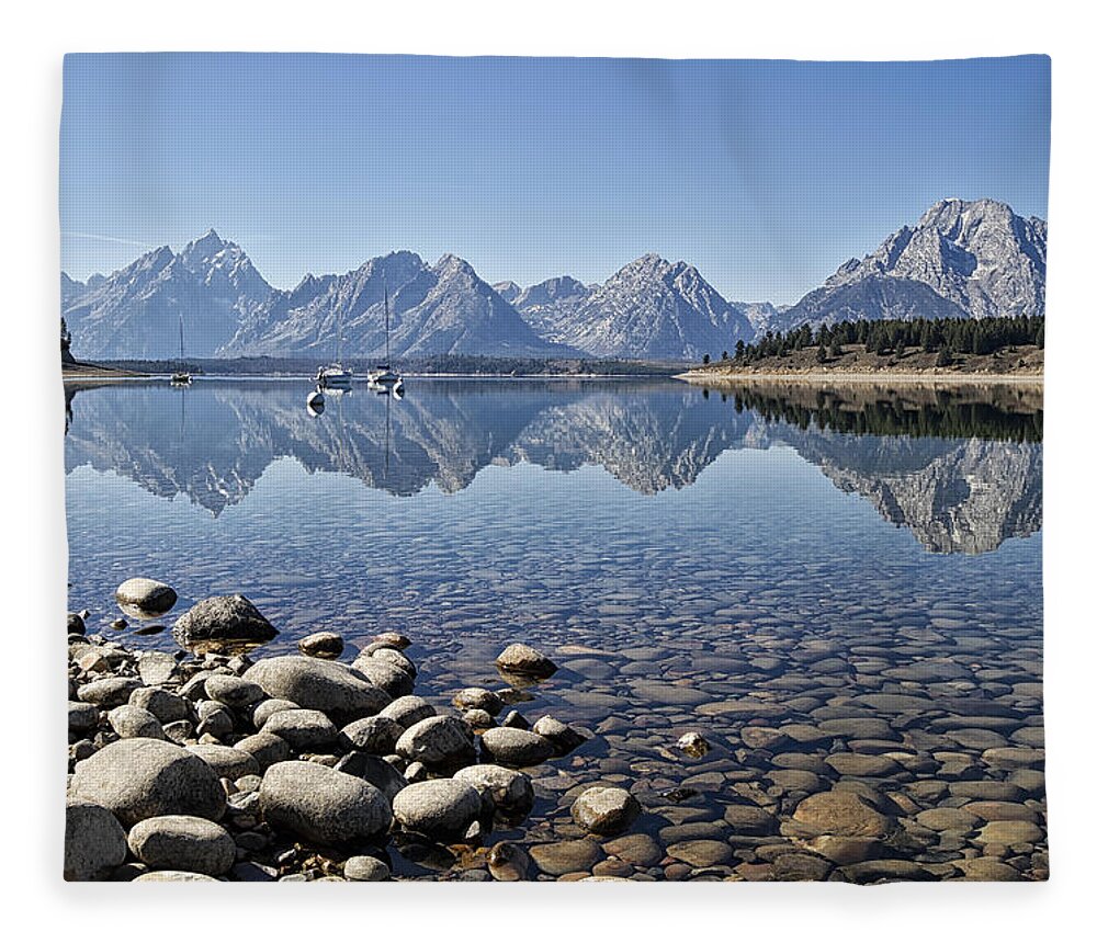 Tetons Fleece Blanket featuring the photograph Jackson Lake near Signal Mountain Lodge by Shirley Mitchell