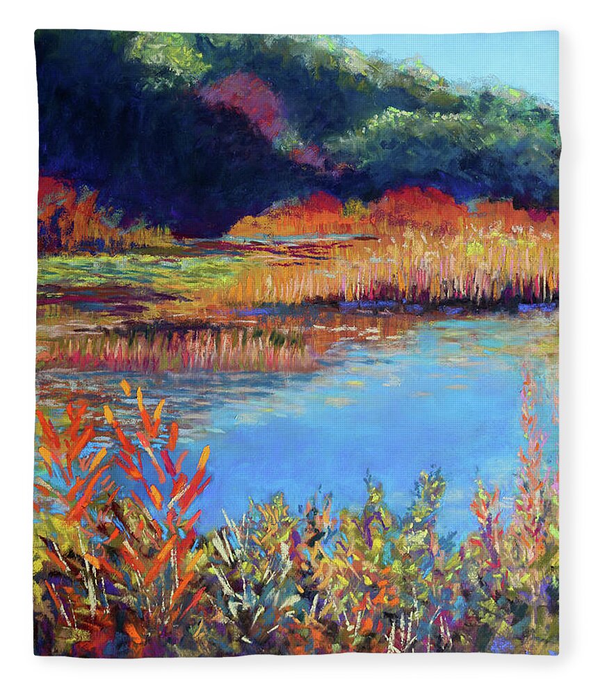  Fleece Blanket featuring the pastel Simpaug Pond in October by Polly Castor