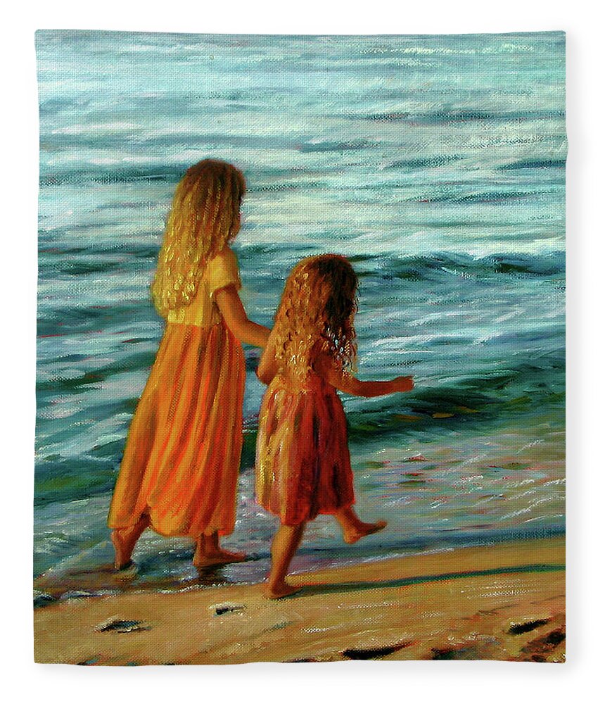 Young Sisters Fleece Blanket featuring the painting Sisters Walking by Marie Witte
