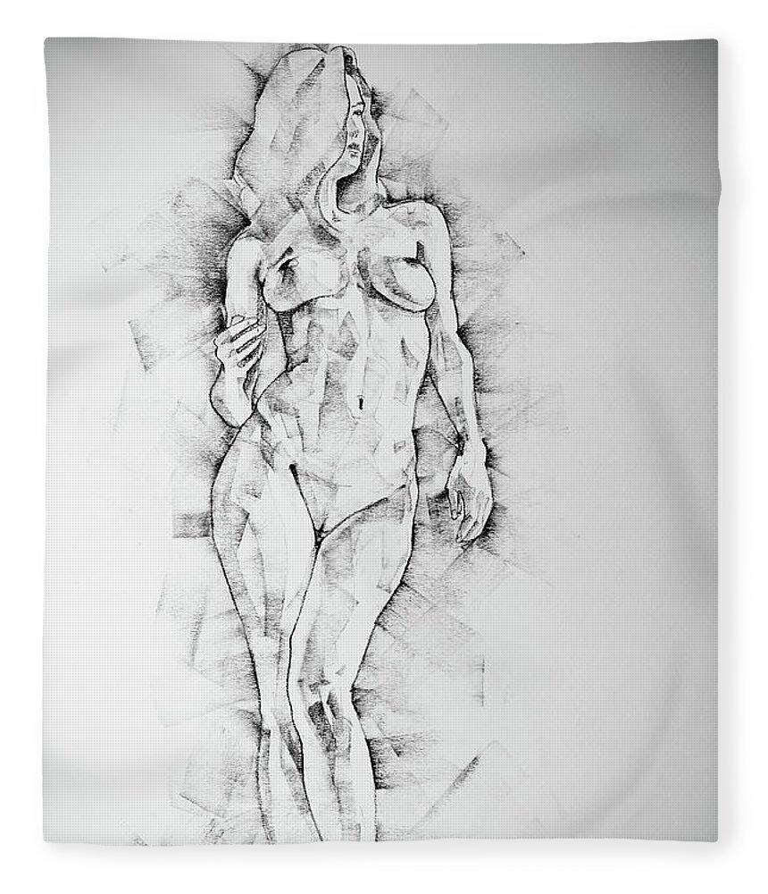 Art Fleece Blanket featuring the drawing SketchBook Page 43 Drawing of Standing Figure of a Woman by Dimitar Hristov