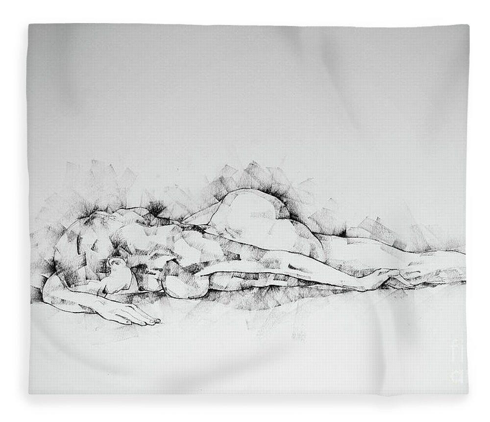 Art Fleece Blanket featuring the drawing SketchBook Page 45 Woman Lying on Stomach life drawing female figure by Dimitar Hristov