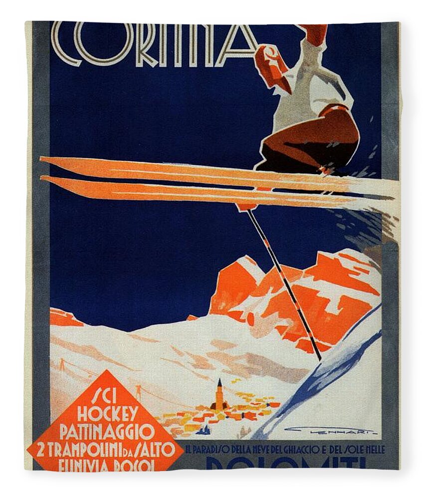 Skiing On The Alps Fleece Blanket featuring the painting Skiing on the Alps in Cortina - Ice Hockey Tournament - Vintage Advertising Poster by Studio Grafiikka