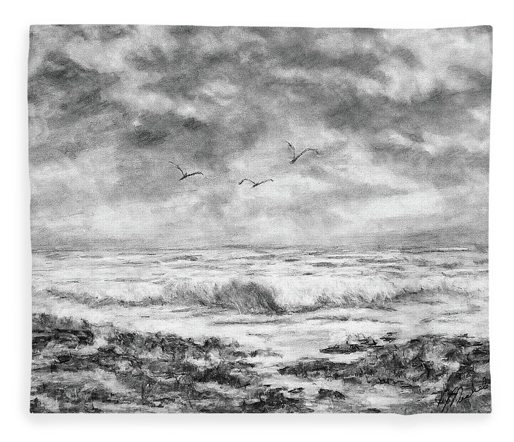 Black Fleece Blanket featuring the drawing Sky Rocks and Water by Michele A Loftus
